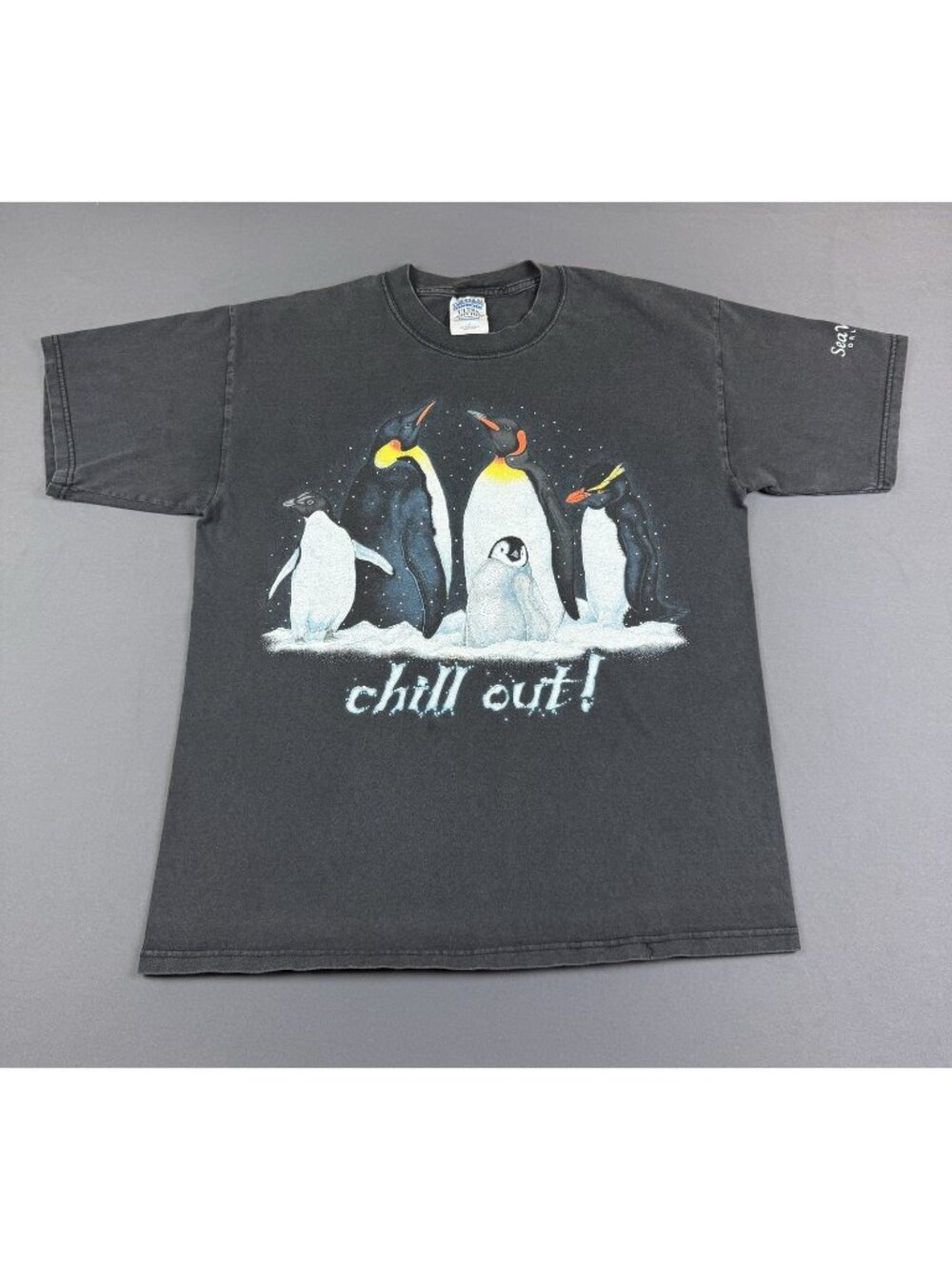 Rare Vintage Y2K Sea World Emperor Penguins Chill Out Animal Art Tee Fade Large